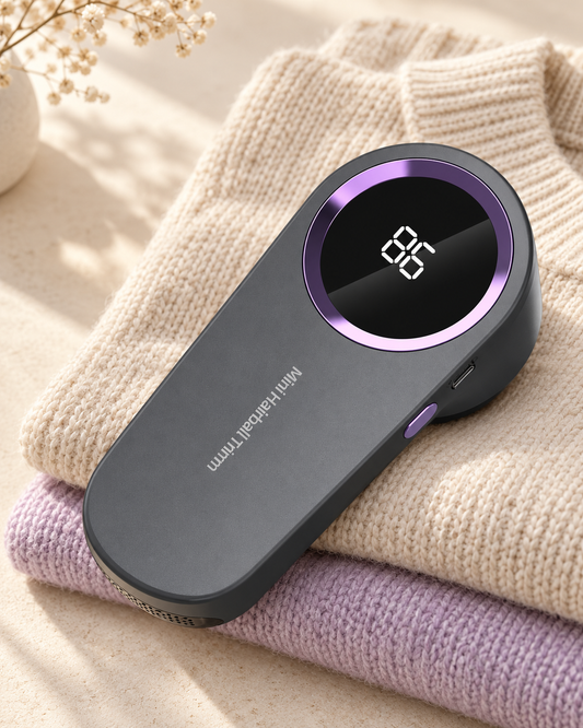 Gray rechargeable fabric shaver on folded cream and lilac knitwear; styled product scene
